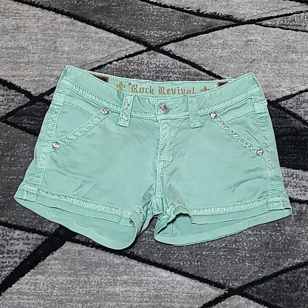ROCK REVIVAL MINT EMBROIDERED RHINESTONES SILVER STITCH SHORTS